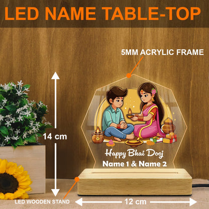 Personalized Bhai Dooj acrylic LED lamp with custom names and tilak ceremony design on wooden base – Fashionury