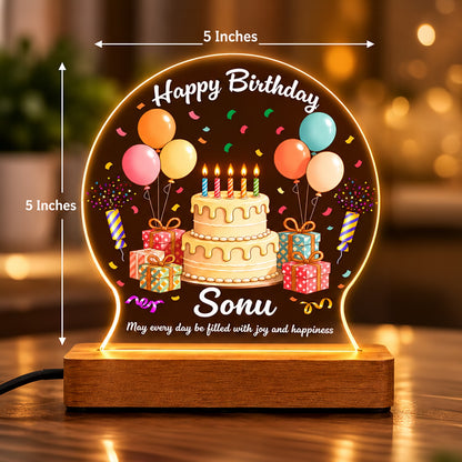 Personalized Happy Birthday acrylic LED table lamp with custom name, cake and balloons on warm glow wooden stand – Fashionury