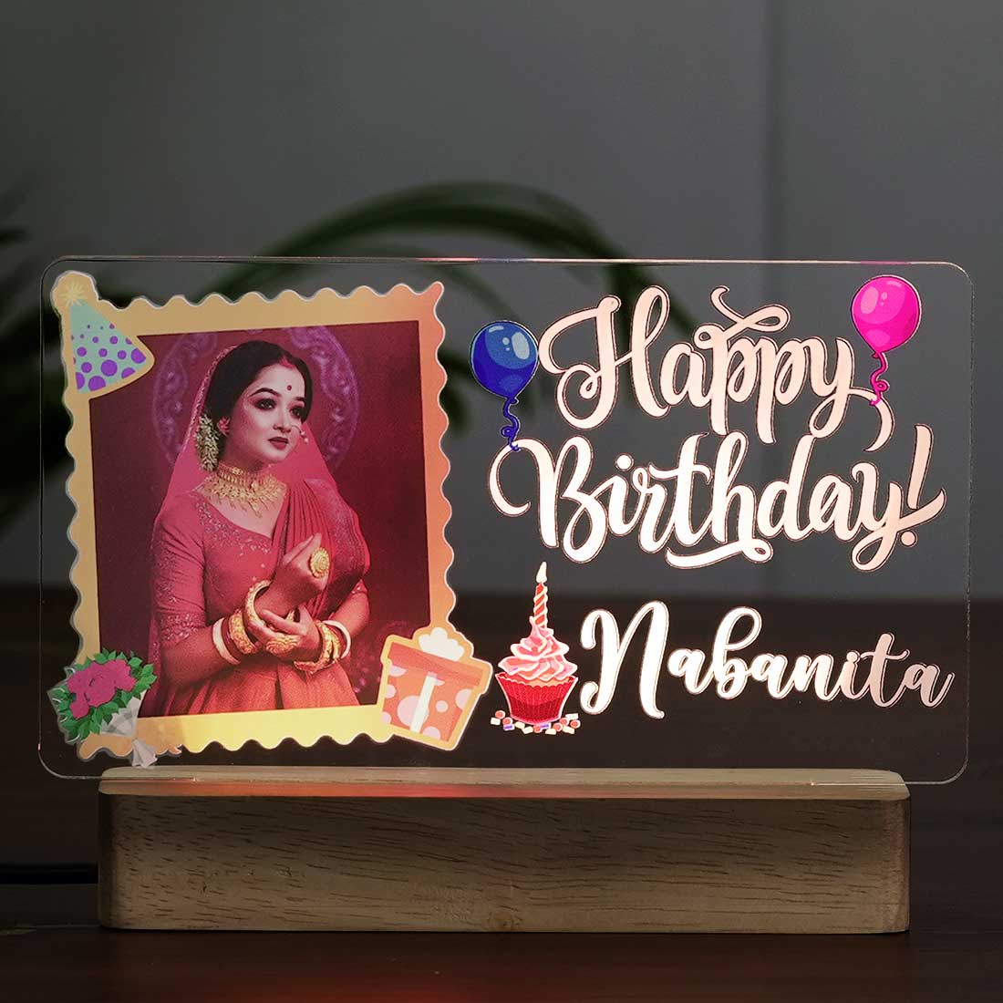 Fashionury Glowing Landscape Birthday Acrylic  LED Lamp placed on a table adding party vibes to the room