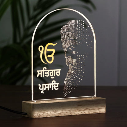 Side View of Acrylic LED Wooden base Lamp with Satgur Prasad Silhouette Text at fashionury
