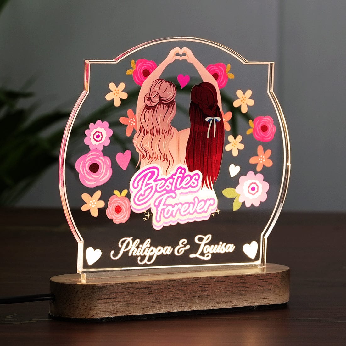 Side View of Fashionury Custom Name Acrylic Name LED Lamp with Wooden Base - Bestie Forever