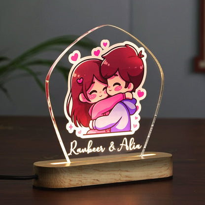 Side view of Fashionury Custom Name Acrylic Night Led Wooden Base Lamp with Cute Couple on Panel