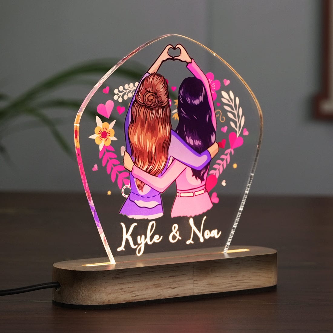 Side View of Fashionury Custom Name Acrylic Name Led Lamp with Wooden Base – Friends Forever