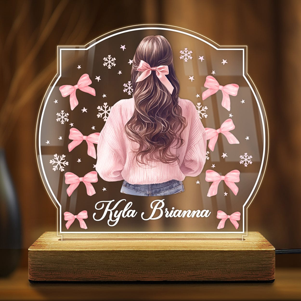 Fashionury Custom Acrylic Name Night LED Lamp with Wooden Base and Pink Lady for room decor