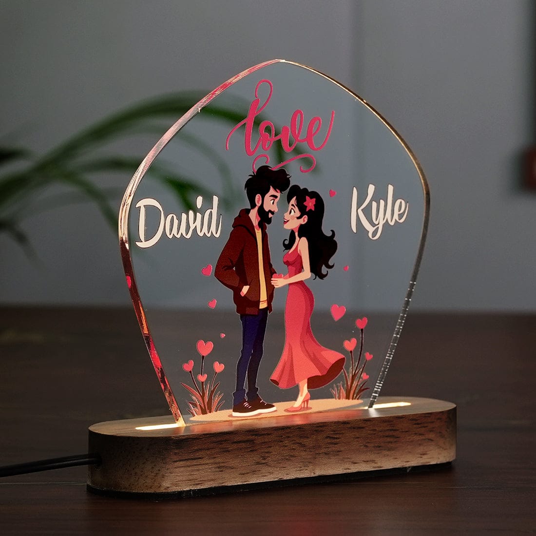Side View of Fashionury Custom Name Acrylic Name LED Lamp with Wooden Base for Romantic Couple gifts