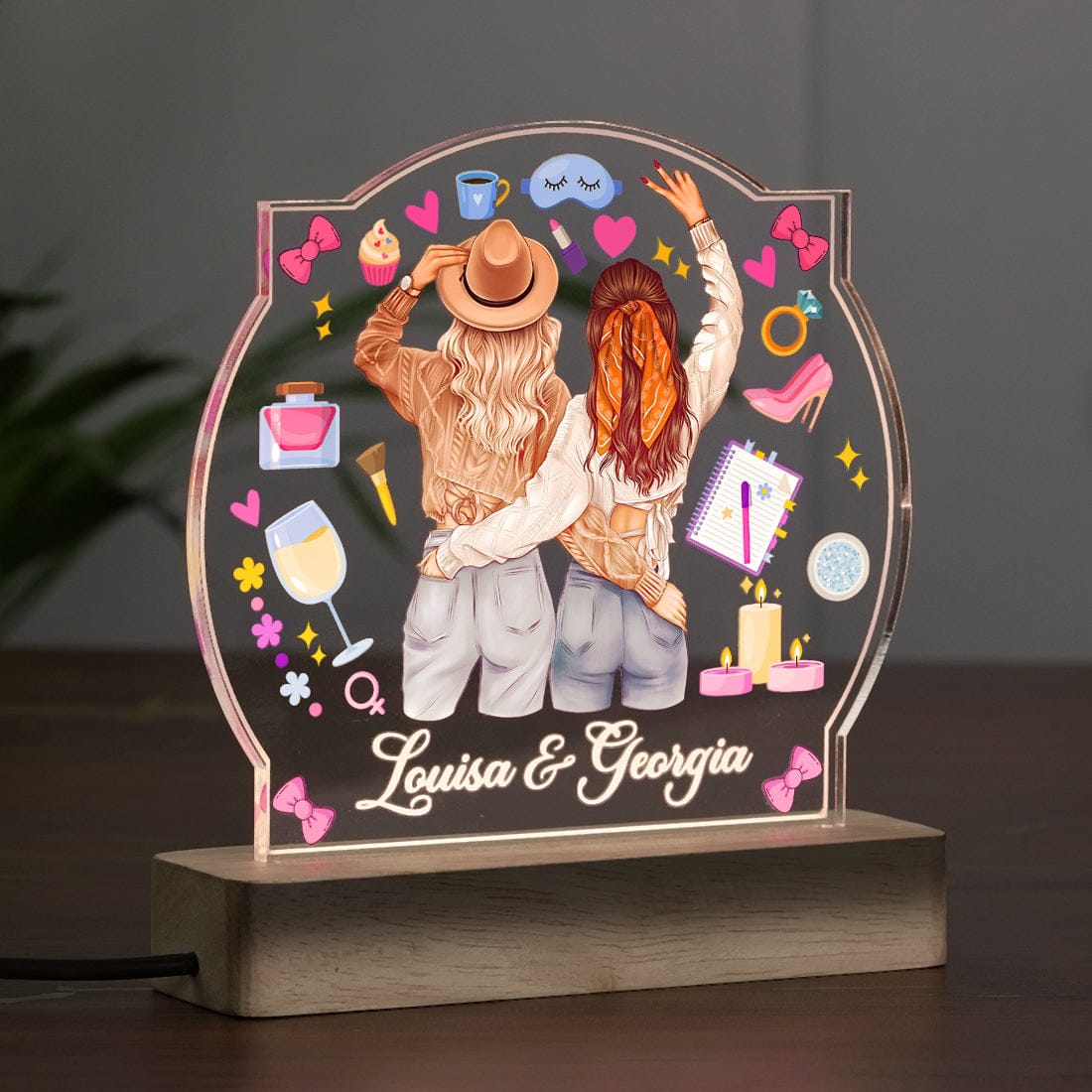 Side View of Fashionury Custom Name Acrylic Name Lamp with LED Wooden Base Gift for Bestie