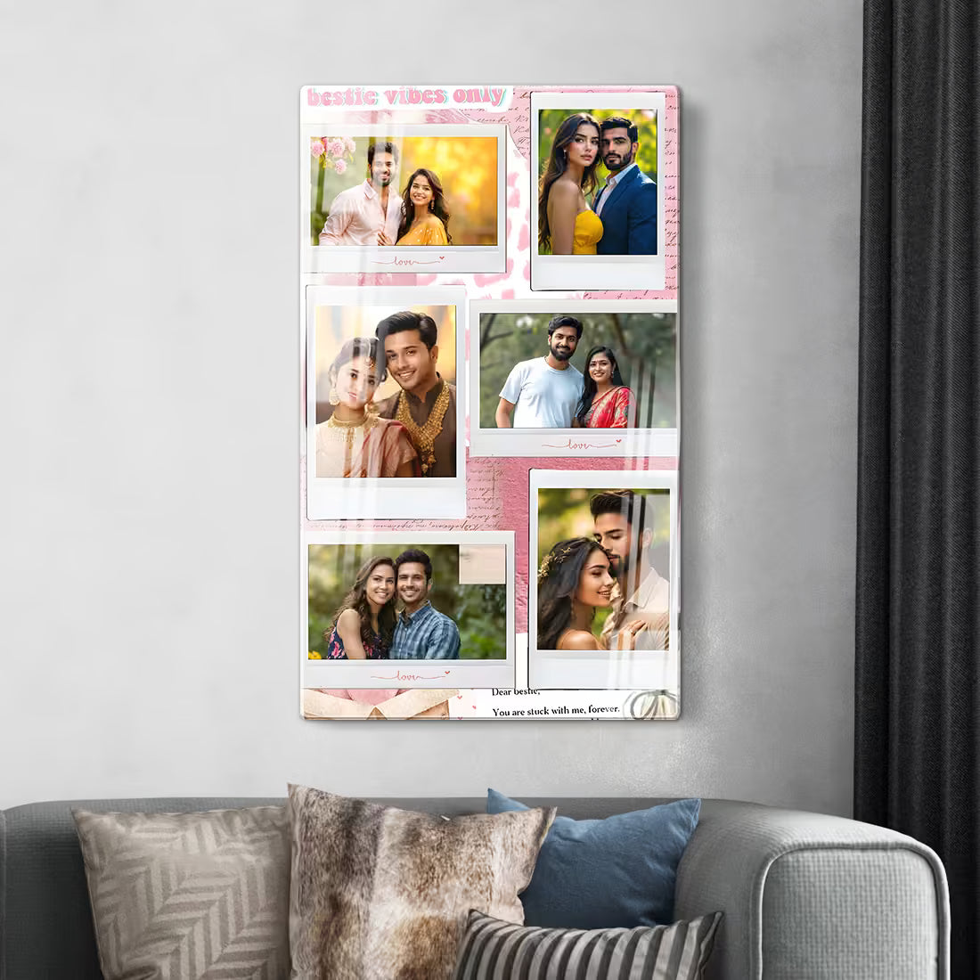 Fashionury Custom best friend photo collage frame. Personalized wall art featuring 'Bestie Vibes Only' text, pink theme.
