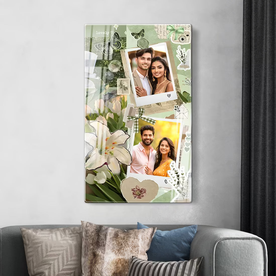 Fashionury Personalized Custom acrylic wall photo frame. Vintage Flowers & bows design for romantic anniversary keepsakes.