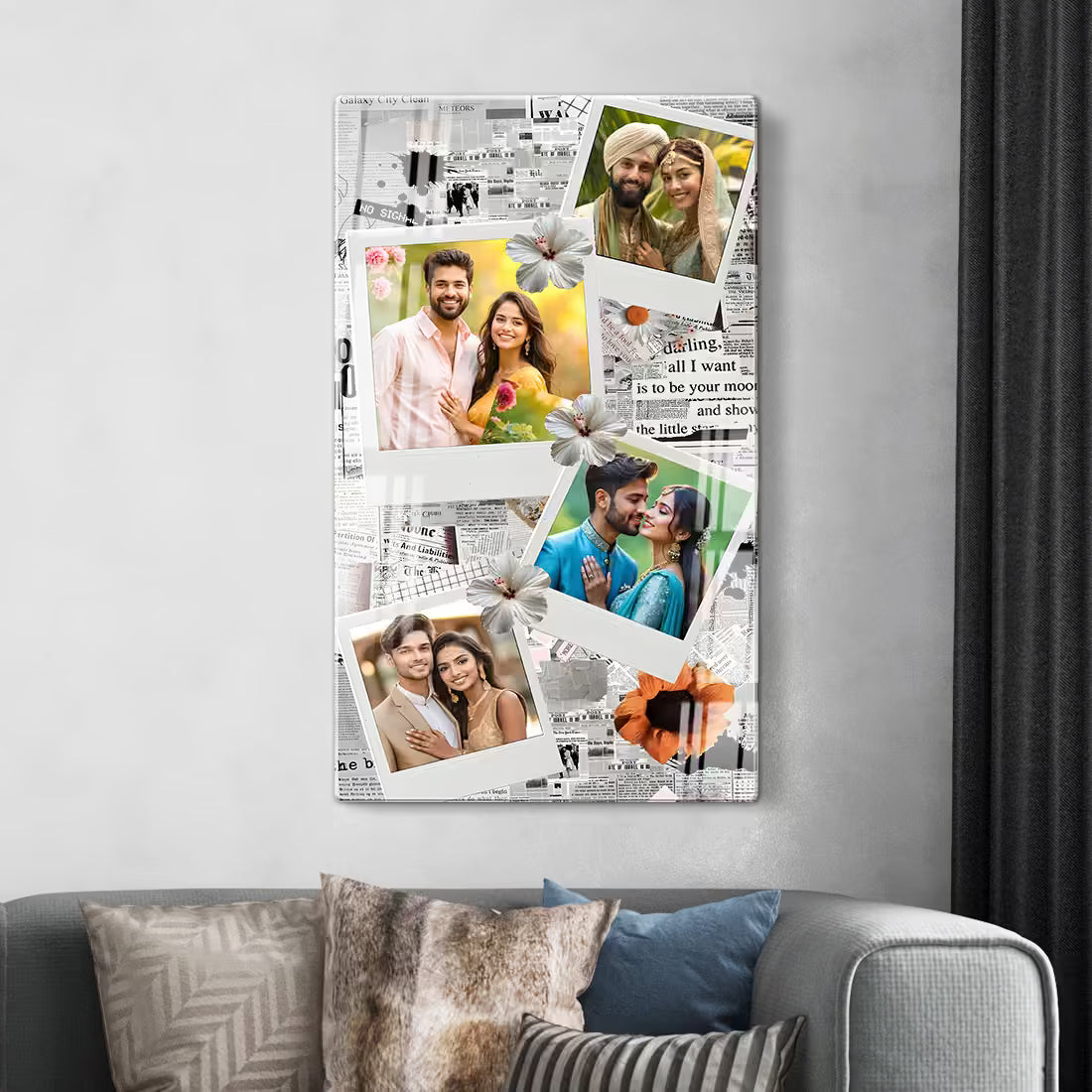 Buy fashionury custom acrylic photo frame online. Vintage newspaper background with floral collage design.