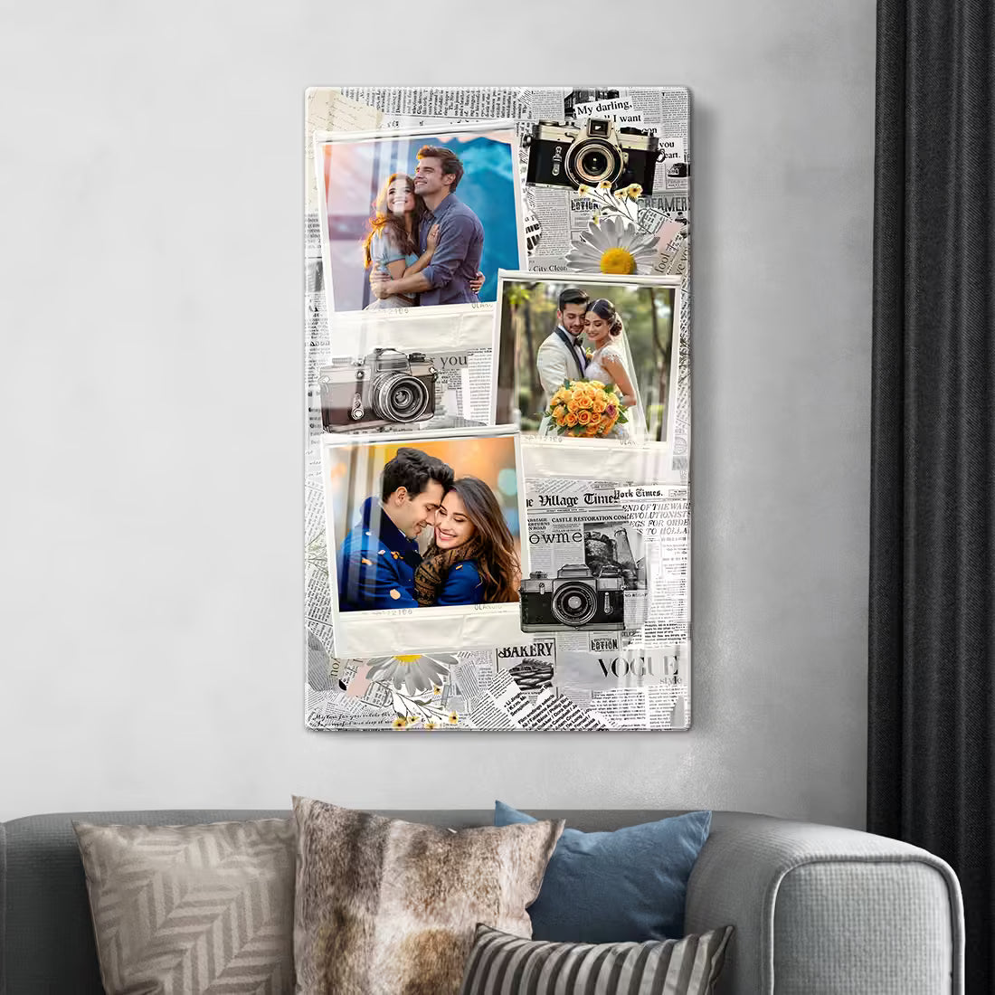 Fashionury custom photo frame online. Vintage newsprint design with cameras and 3 personalized photos.