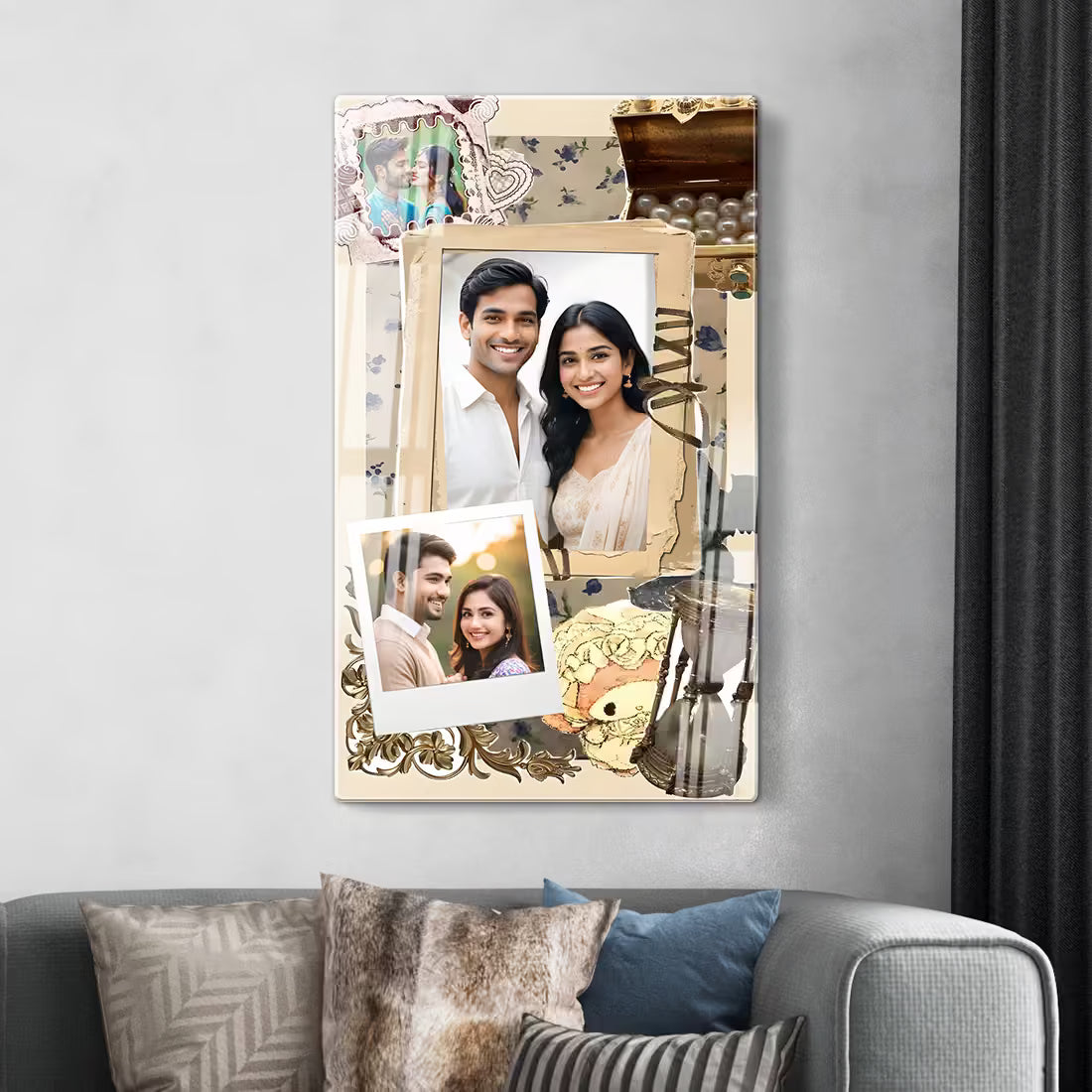  Fashionury acrylic vintage wall photo frame. Customized Antique hourglass and jewelry box design with 3 custom photos.