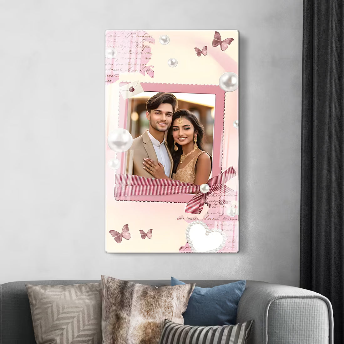Fashionury Personalized custom romantic acrylic wall photo frame. Pink pearl and butterfly design for couples. 