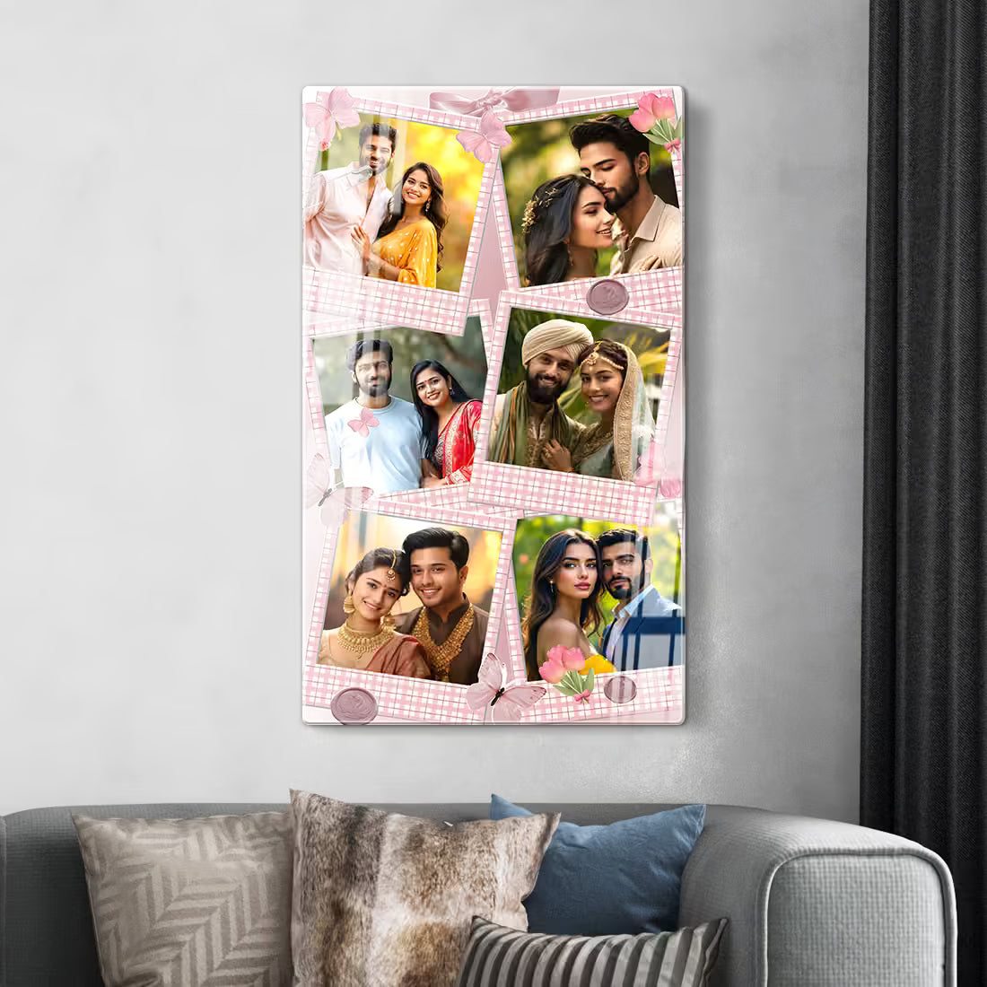 Buy personalized collage frame. Pink gingham design with floral details for 6 pictures.