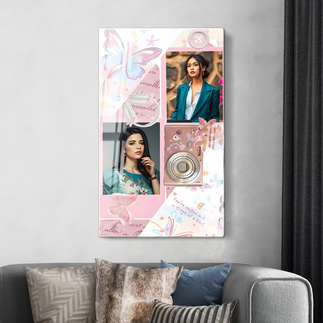 Custom acrylic frame with pink camera, headphones, butterfly art & 2 photo slots.