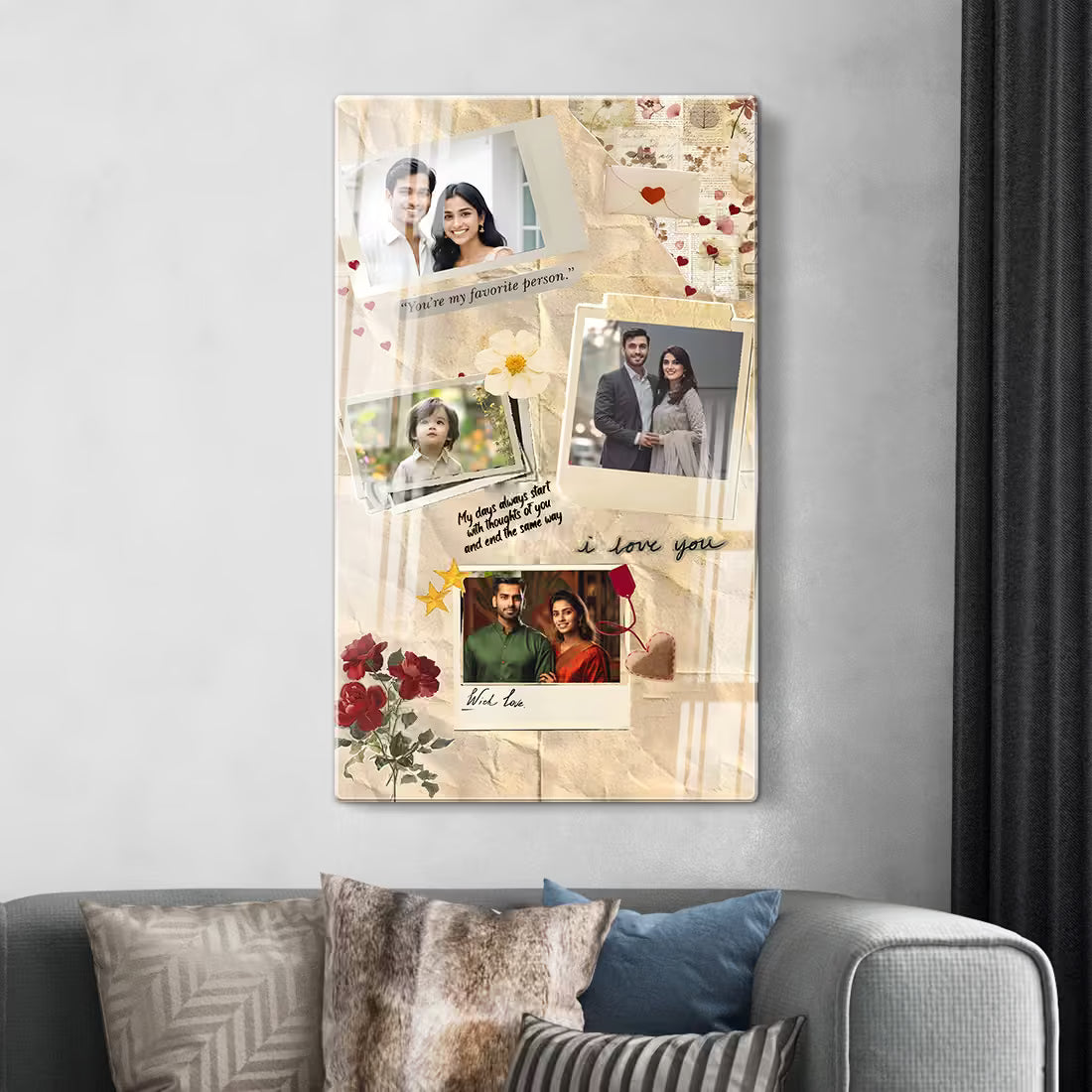 Custom acrylic collage frame with vintage paper, red roses, love quotes & 4 photo slots.