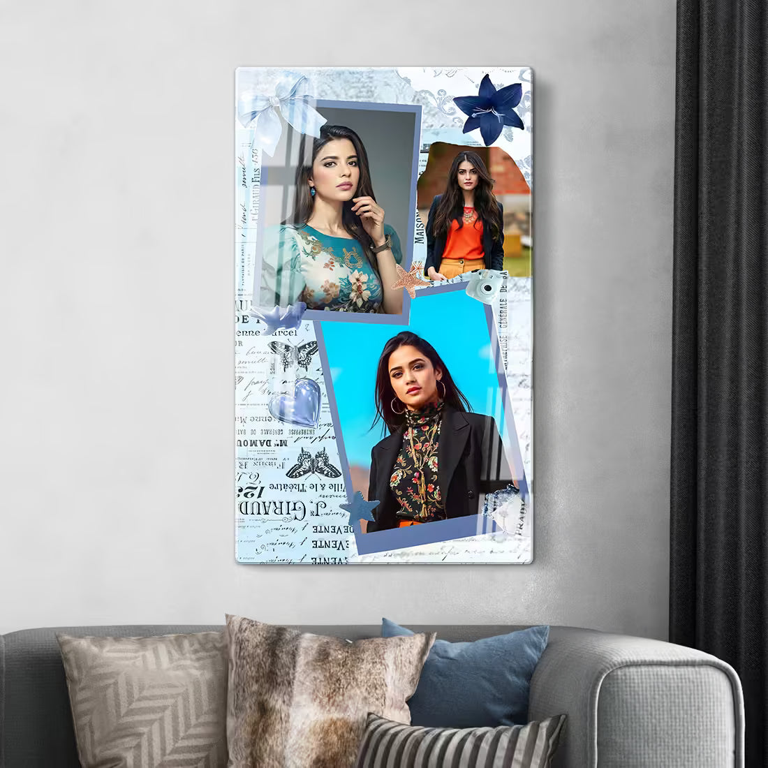 Blue coquette aesthetic wall art. Personalized acrylic collage with floral & bow art.