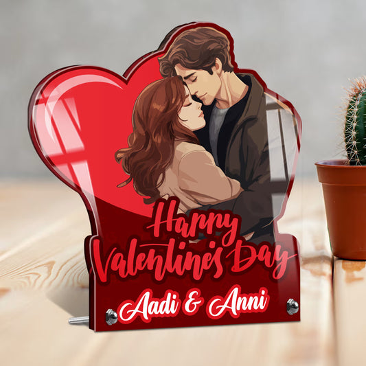 Romantic couple keepsake. Personalized heart-shaped tabletop decor with custom text and anime love art.