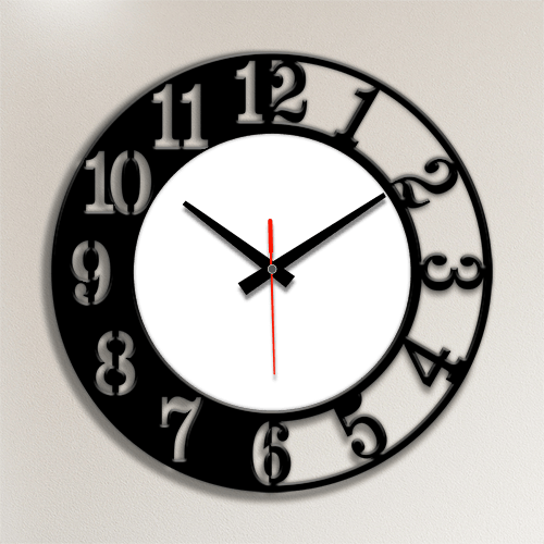 Preview of Custom Modern Circular Acrylic Wall Clock featuring clear Black Numbering design with frame photo