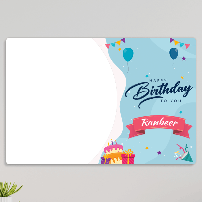 Preview of Personalised Happy Birthday acrylic wall frame with Landscape photo, name banner and festive balloons design
