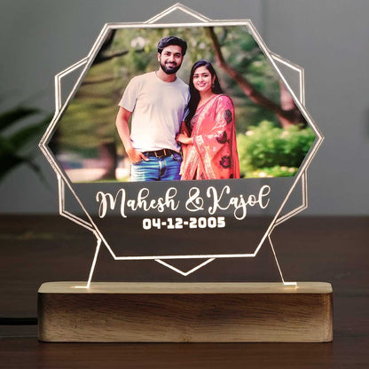 Personalized Hexagon Shape Acrylic LED Photo Lamp glowing in the dark with Wooden Base at Fashionury