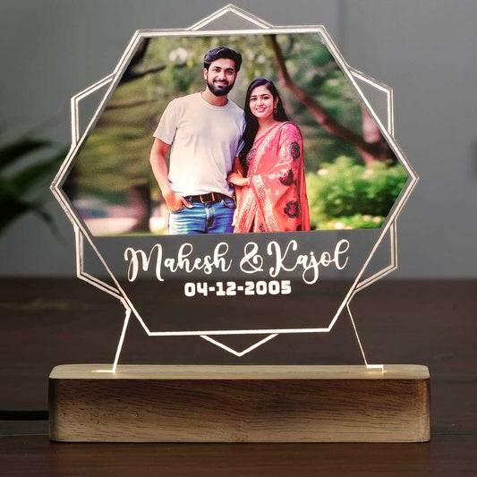 Personalized Hexagon Shape Acrylic LED Photo Lamp glowing in the dark with Wooden Base at Fashionury