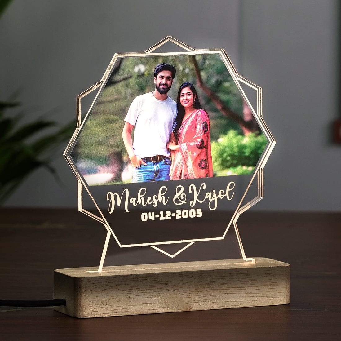 Side view of Stylish Hexagon Acrylic Night LED Lamp with wooden Stand adding a modern touch