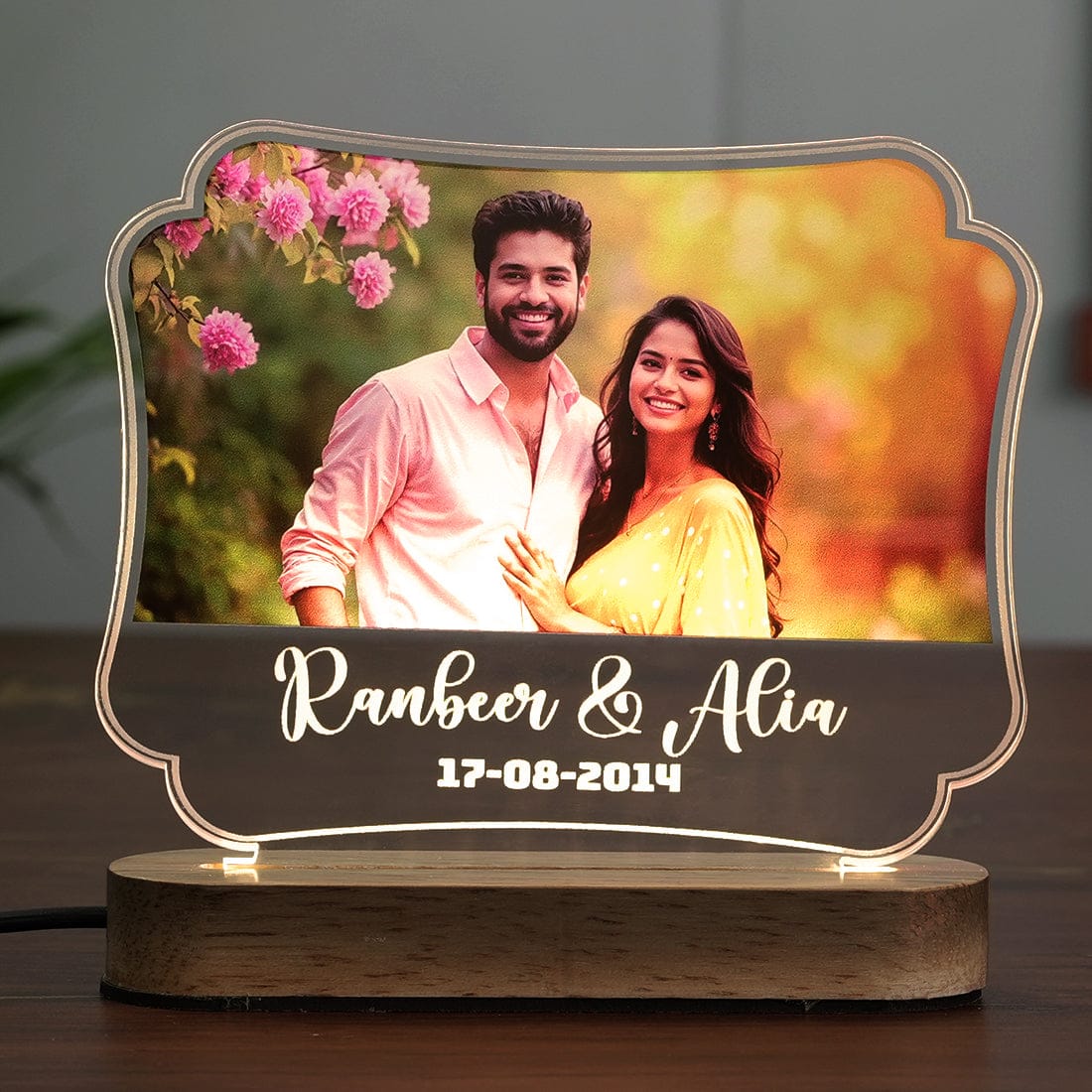 Personalized Ribbon Shape High Quality Acrylic Photo Frame LED Lamp with decorative Wooden Base at Fashionury