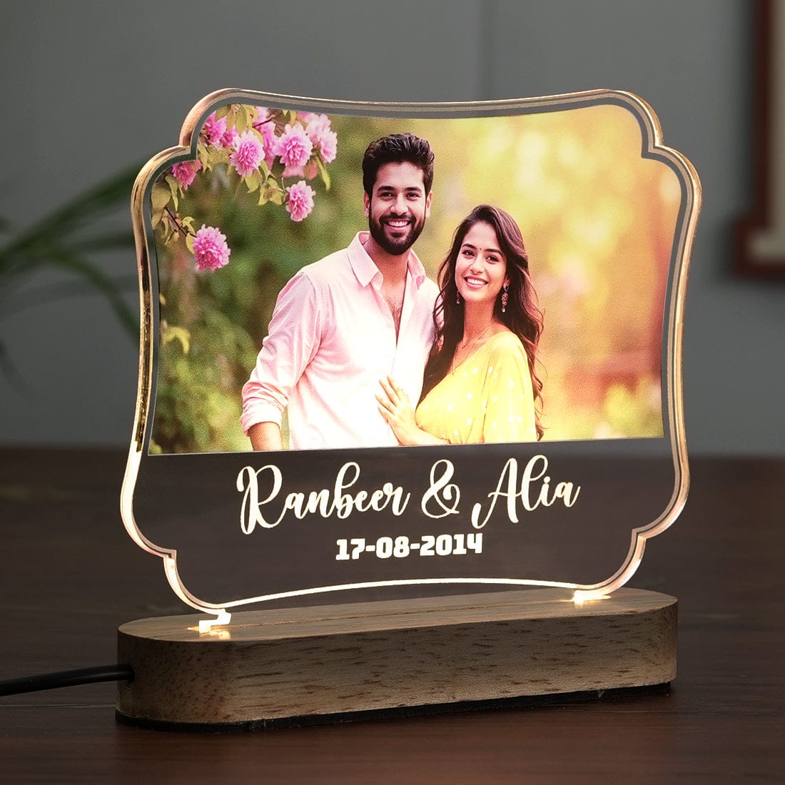 Side View of Acrylic LED Photo Lamp placed on a bedside table as a Night Light
