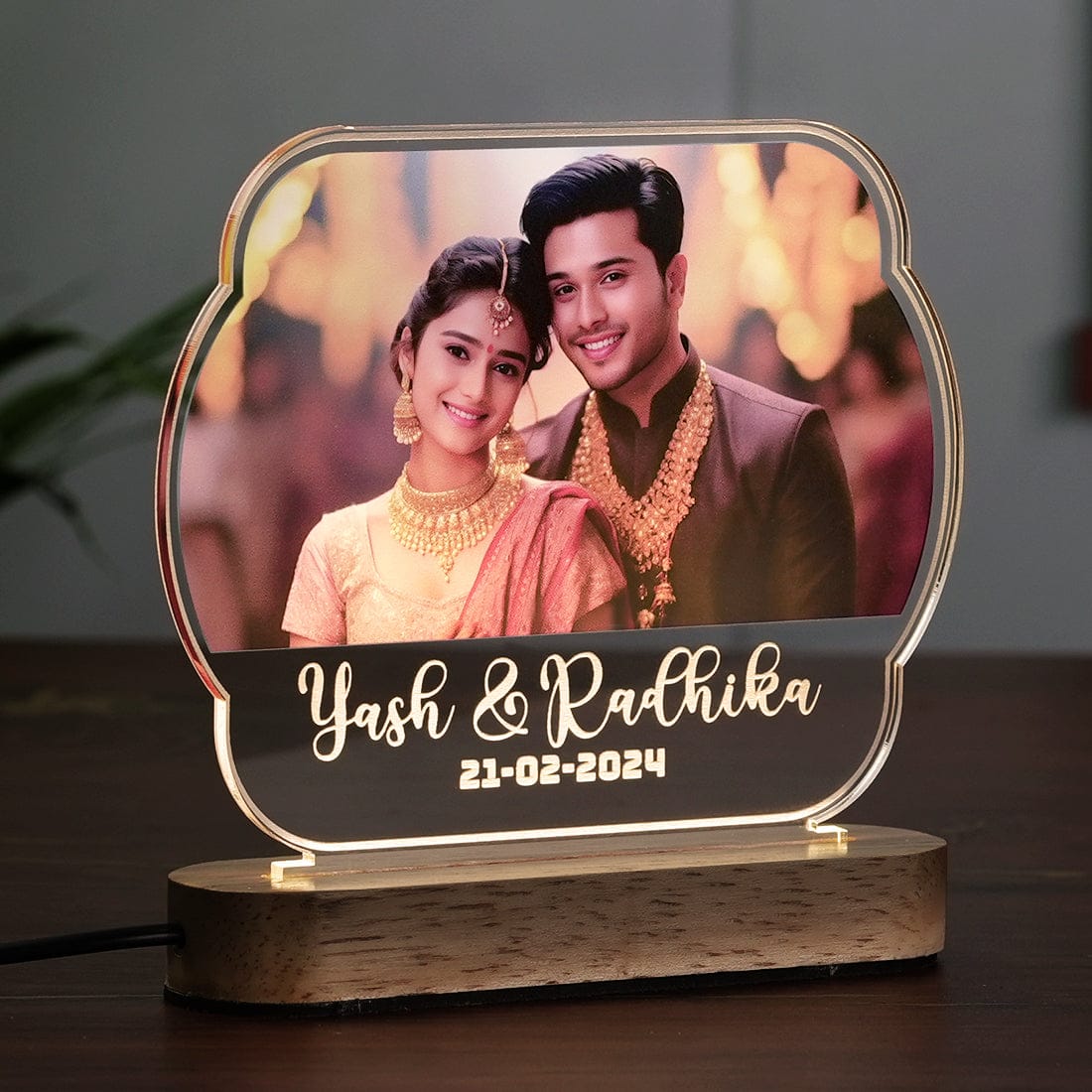 Side View of Personalized Acrylic LED Lamp with Modern Wooden Stand and Custom Photo and Name at Fashionury