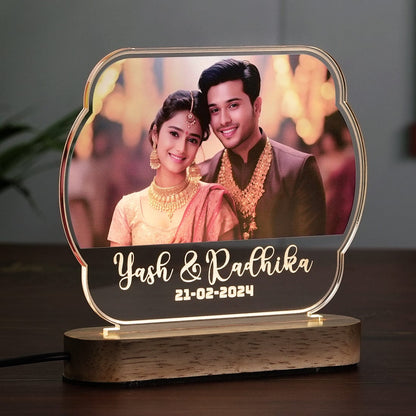 Side View of Personalized Acrylic LED Lamp with Modern Wooden Stand and Custom Photo and Name at Fashionury