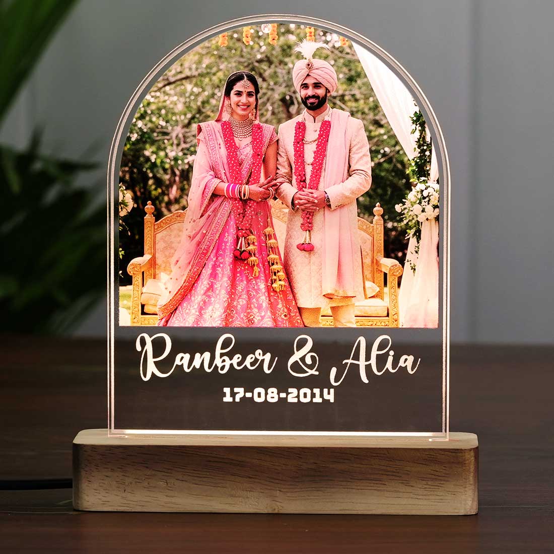 Trendy Rounded Top Acrylic Night LED Wooden base Lamp with Custom Photo and Name at Fashionury