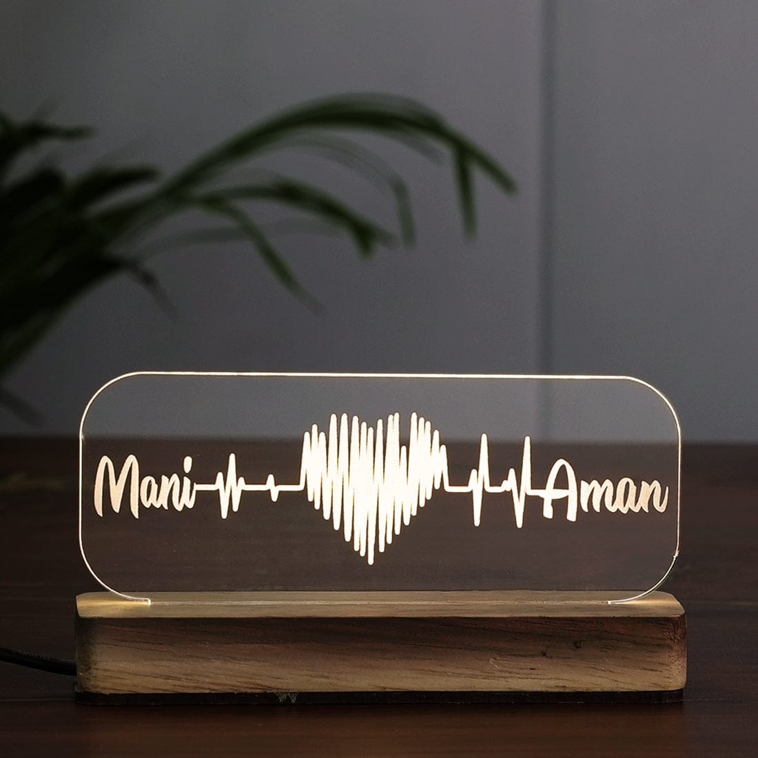 Personalized Heartbeat ECG Style Acrylic Custom Name LED Lamp with Wooden Base at Fashionury