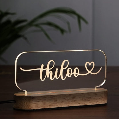 Side View Fashionury Custom Acrylic Engraved Name LED Night Lamp with Heart shape Name and wooden stand