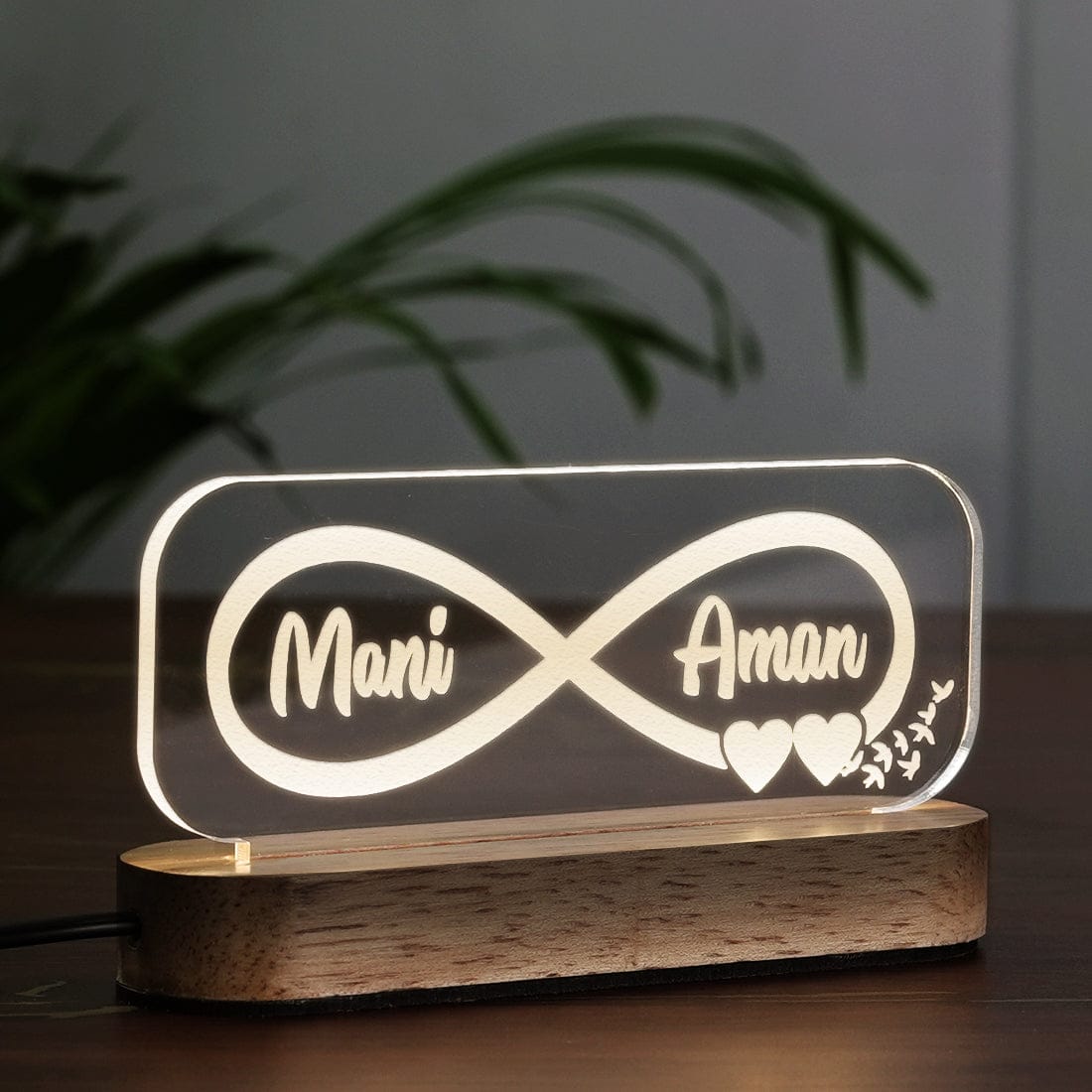 Side View of Landscape Acrylic Custom name Led Lamp with Wooden Base for Home decor