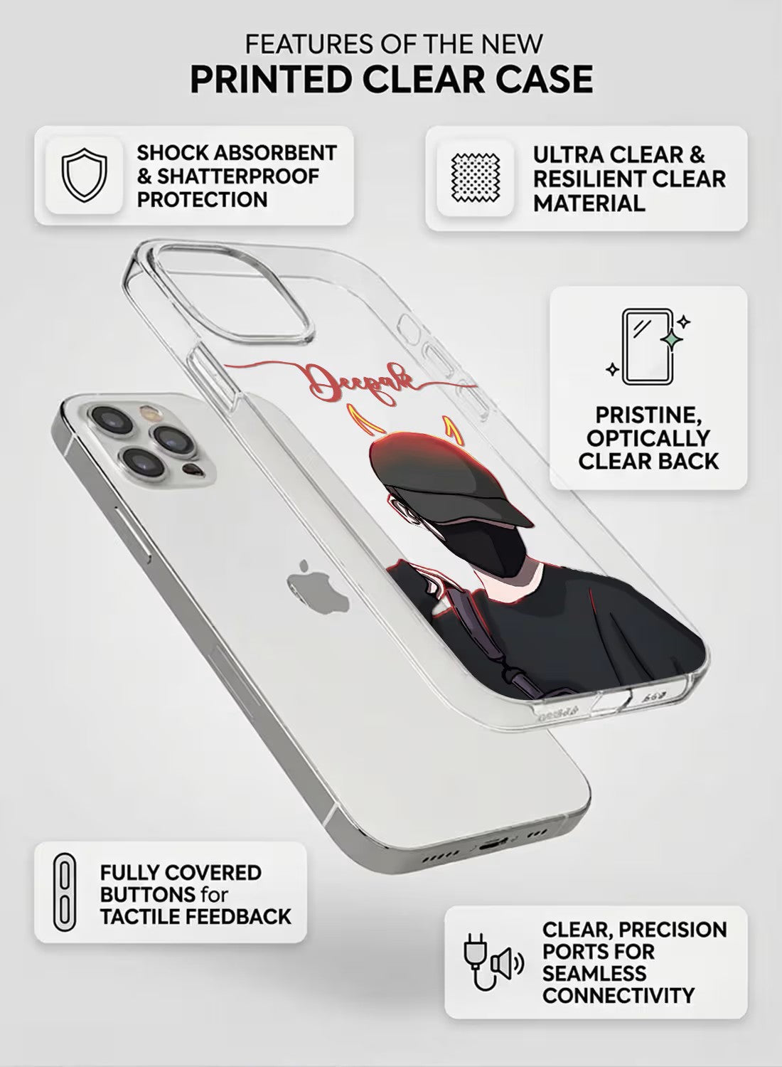 Custom name phone case featuring a stylish anime-inspired boy graphic with devil horns printed on a clear silicone cover.