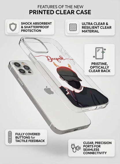 Custom name phone case featuring a stylish anime-inspired boy graphic with devil horns printed on a clear silicone cover.