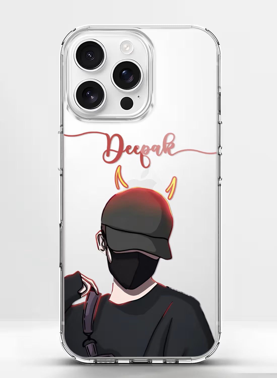 Custom name phone case featuring a stylish anime-inspired boy graphic with devil horns printed on a clear silicone cover.