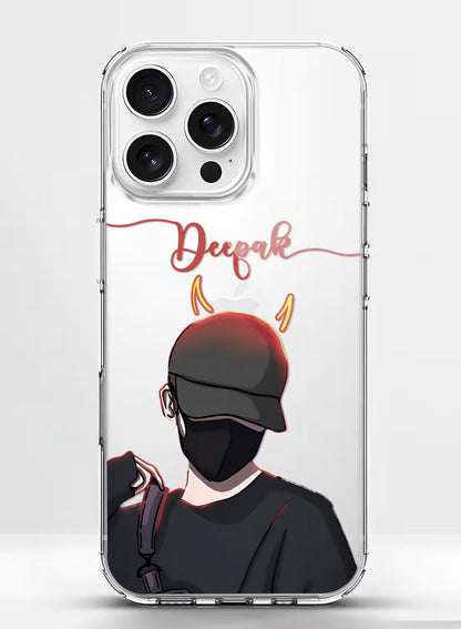 Custom name phone case featuring a stylish anime-inspired boy graphic with devil horns printed on a clear silicone cover.