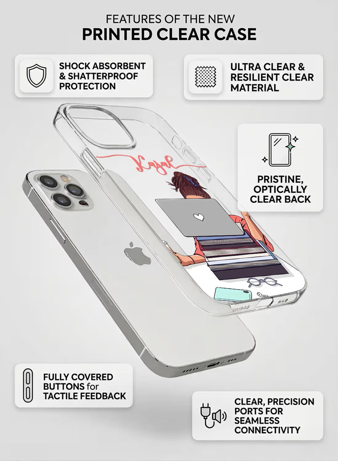 A clear silicone phone case featuring a student studying with books and a laptop, customizable with a name, UV print finish.