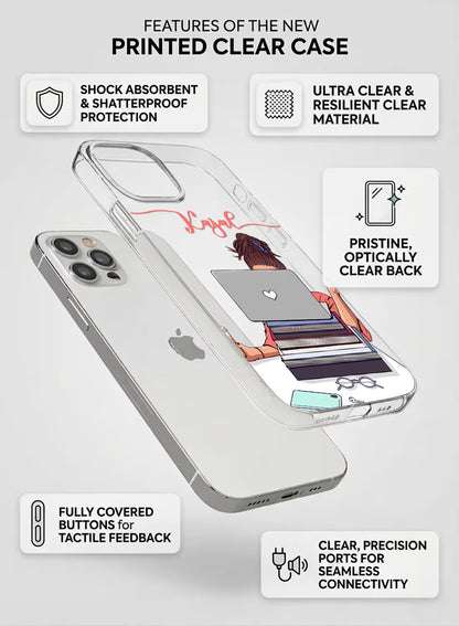 A clear silicone phone case featuring a student studying with books and a laptop, customizable with a name, UV print finish.