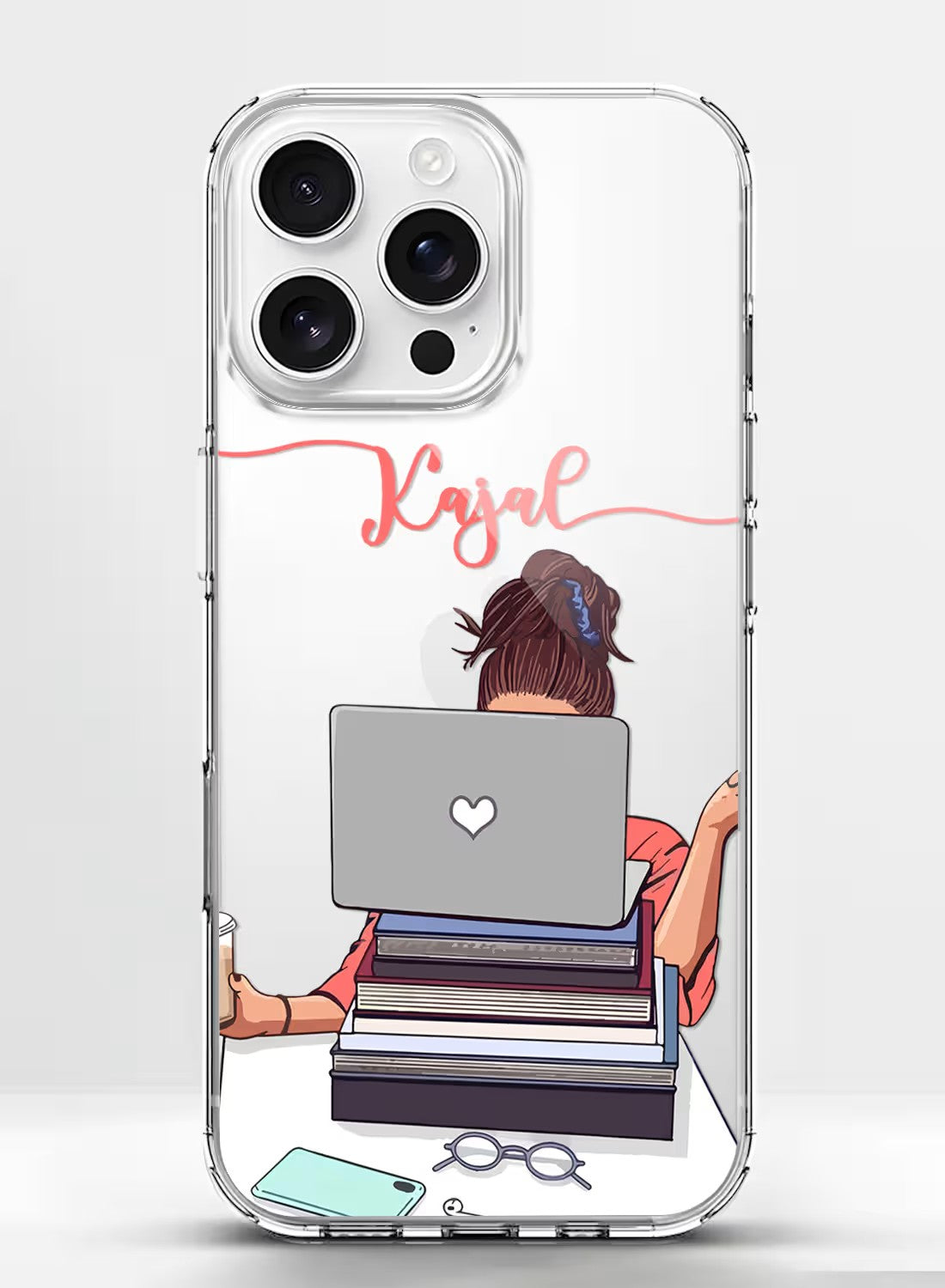 A clear silicone phone case featuring a student studying with books and a laptop, customizable with a name, UV print finish.