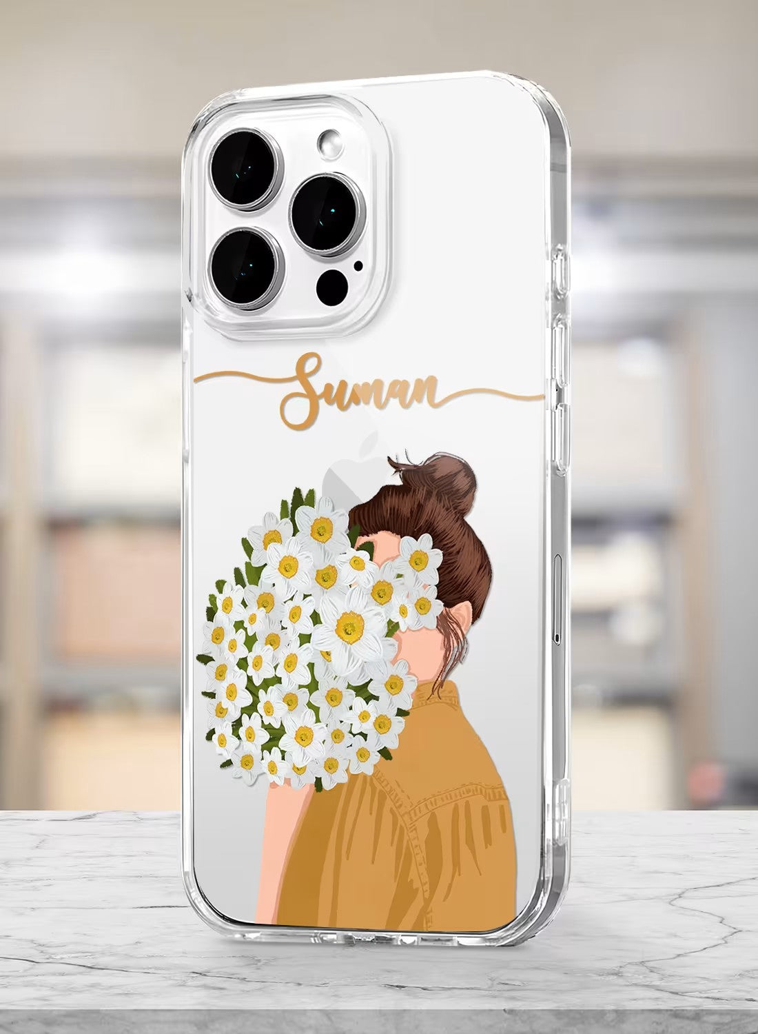 A clear phone case featuring an artistic design of a girl with a bouquet of daisies and a place to add a custom name.