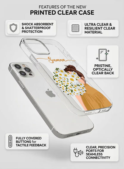 A clear phone case featuring an artistic design of a girl with a bouquet of daisies and a place to add a custom name.