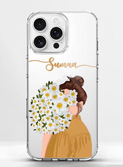 A clear phone case featuring an artistic design of a girl with a bouquet of daisies and a place to add a custom name.
