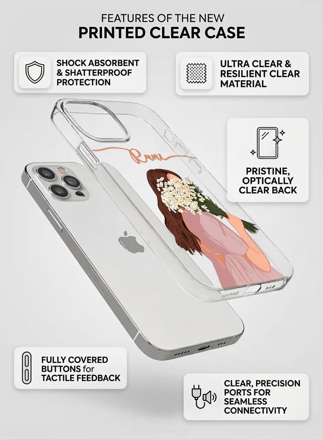 Personalized phone case for women featuring an artistic girl holding a daisy flower bouquet in a clear silicone shell.