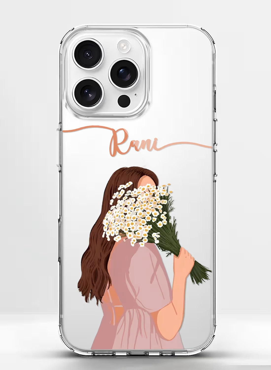 Personalized phone case for women featuring an artistic girl holding a daisy flower bouquet in a clear silicone shell.