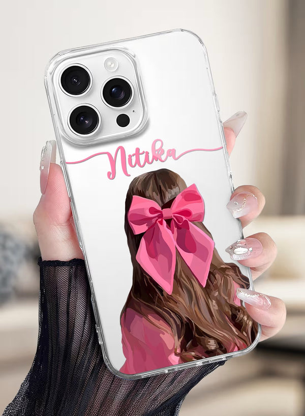 Aesthetic Girl with Pink Bow Custom Name UV Phone Case