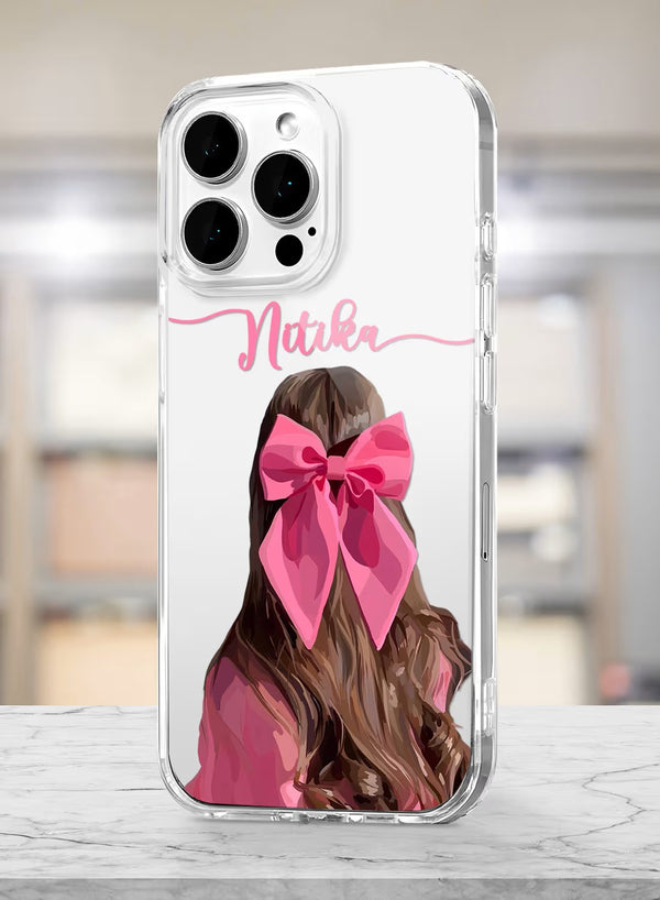 Aesthetic Girl with Pink Bow Custom Name UV Phone Case