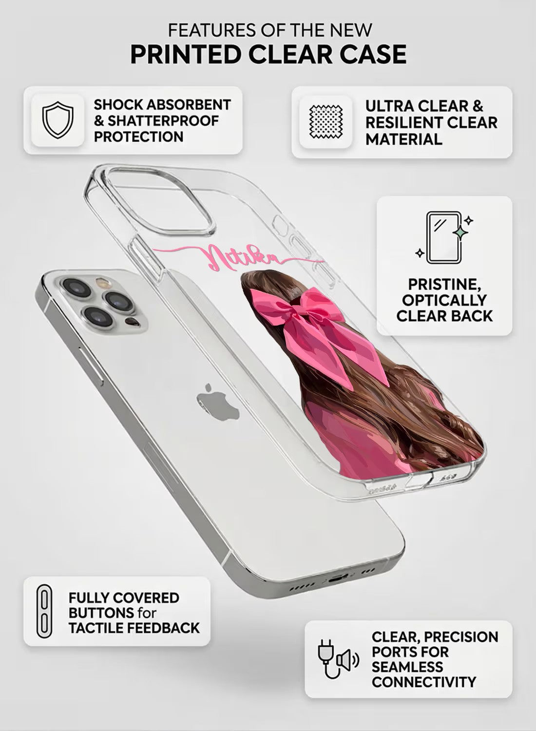 A clear phone case featuring an artistic design of a girl with a large pink bow, with space for a custom name.