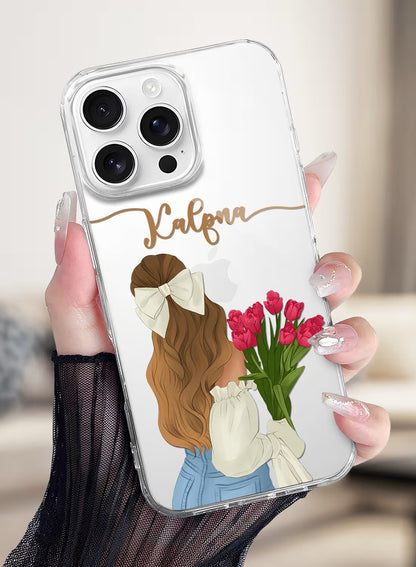Personalized phone cover with artistic girl illustration and floral theme, featuring custom name space on clear silicone case.